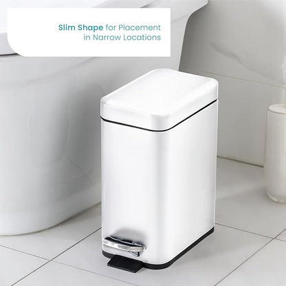 Home Zone Living 1.3 Gallon Small Bathroom Trash Can with Lid and Step Pedal, Stainless Steel Wastebasket with Slim Design for Home and Office, Matte White, 5 Liters