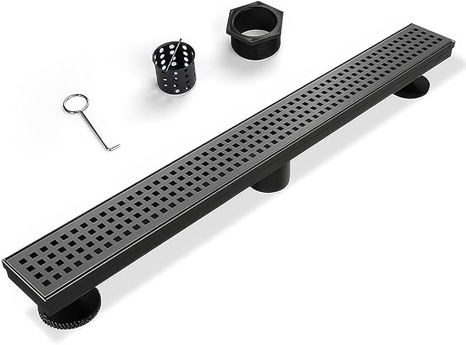 SaniteModar Linear Shower Drain, Matte Black Shower Drain 28 inch with Removable Grate,Brushed 304 Stainless Steel Shower Drain Include Hair Strainer,Adjustable Leveling Feet