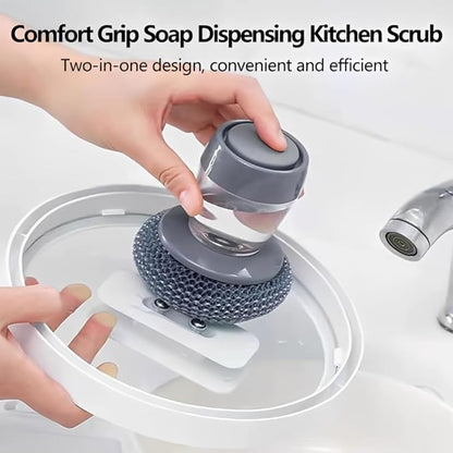 Comfort Grip Soap Dispensing Kitchen Scrub, Dish Brush with Soap Dispenser, Steel Wool Scrubber for Dishes Pans Kitchen Sink Bathtub Tile and Household (1pc-3)