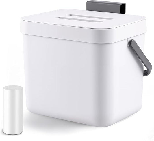 Kitchen Compost Bin - 1.8 Gallons Hanging Trash Can with Lid for Kitchen Cabinet Door, Under Sink, Wall Mounted Waste Bin for Bathroom, 7L(White)