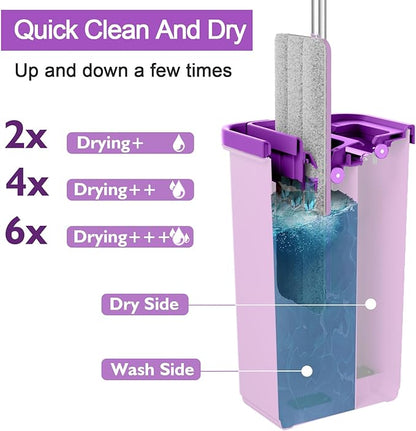 BOSHENG Mop and Bucket with Wringer Set, Hands Free Flat Floor Mop and Bucket, 3 Washable Microfiber Pads Included, Wet and Dry Use, Home Floor Cleaning System for All Floor Types and Windows, Purple