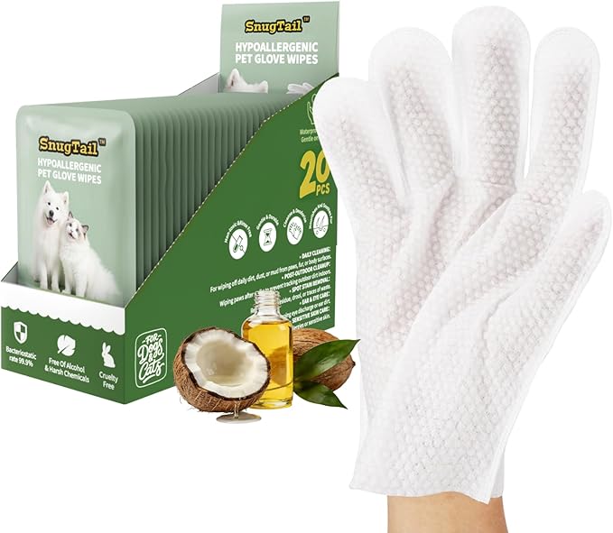 Pet Glove Wipes for Dogs & Cats, 20 Individually Wrapped Packs, Safe for Sensitive Skin, Quick Deodorizing, Loose Hair Removal, Full Body Grooming for Fur, Paws, Eyes & Ears, Bath & Travel