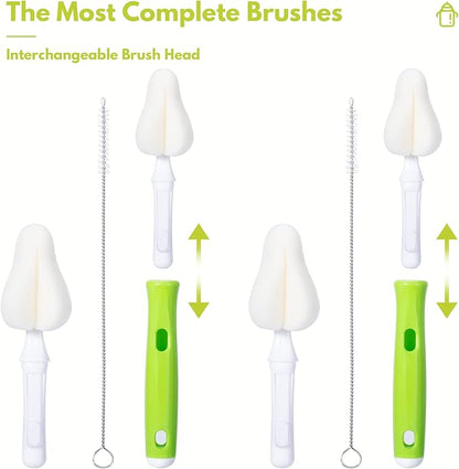 Carebabymore 8 Piece Sponge Nipple Bottle Brushes, Baby Bottle Brush with 3 Piece Nipple Cleaner, 3 Piece Replacement Heads and 2 Piece Straw Brushes, Green