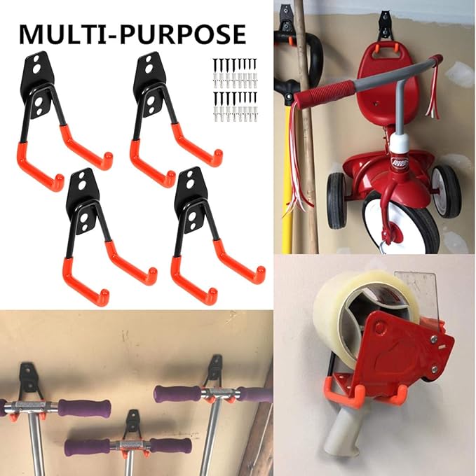 Garage Utility Double Hooks,Heavy Duty Steel Wall Mount Storage Organizer with Anti-Slip Coating,Load Capacity 66 LB (4 Pack Orange 3" U Hook)