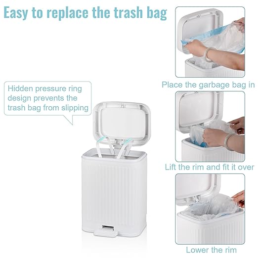 rejomiik Small Bathroom Trash Can with Lid 2.1 Gallon Soft Close Step Slim Garbage Can Waste Bin for Office, Bedroom, Kitchen, White