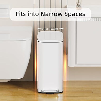 KSSKSS Small Bathroom Trash Can with Lid Soft Close, Step Pedal, 6L / 1.6 Gal Stainless Steel Garbage Bin with Removable Inner Bucket, Slim Wastebasket for Narrow Spaces (White)