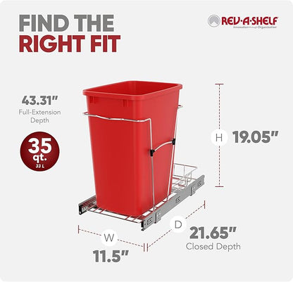 Rev-A-Shelf Pullout Trash Can for Kitchen Cabinets 35 Qt Garbage Waste Recyling Bin with Full Extension Slides, Red, RV-12KD-16C-S