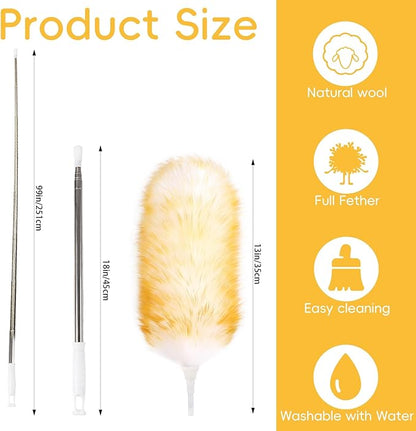Lambswool Extendable Removable Duster 29-110 Inch Stainless Steel Extension Pole Wool Dusters for Cleaning Ceiling Fans Window Blinds Car Interiors Furniture Dusting,Feather Duster