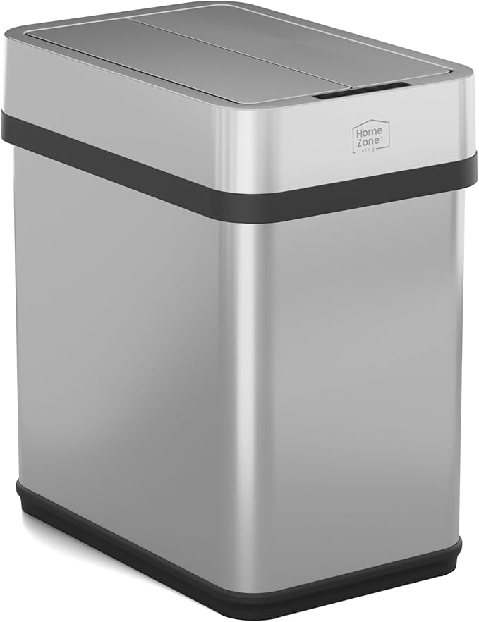 Home Zone Living 2 Gallon Small and Slim Motion Sensor Trash Can with Touch Control Lid, Stainless Steel, Silver