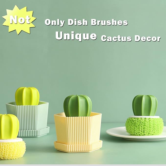 Cactus Mini Dish Brush Set with Drip Tray (3 Replacement Brushes), Durable Kitchen Cleaning Scrubbers for Plates, Pans, Pots, Sink (Green)