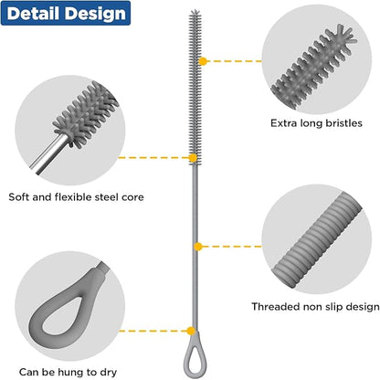 YOTIME Silicone Straw Cleaner Brush, 2Pcs Reusable Straw Brush Extra Long for Cleaning Tumbler with Handle and Glass Metal Smoothie Straws, Non-slip Handle Soft and Bendable, 6mm+9mm, Gray