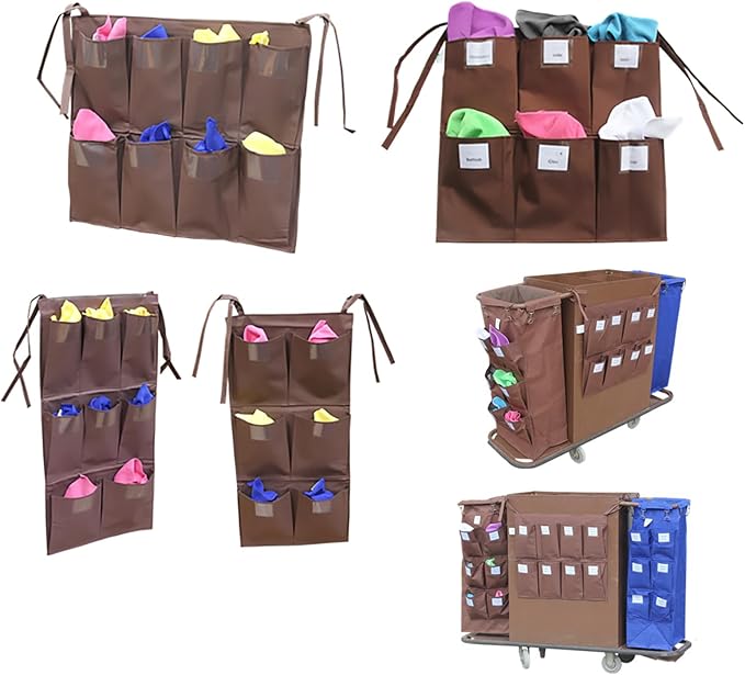 Replacement Janitorial Cart Bag, High Capacity Waterproof Thickened Housekeeping Commercial Janitorial Cleaning Cart Bag with 6 Brass Grommets - 25 Gallon (Vertical 6-Pocket - Brown)