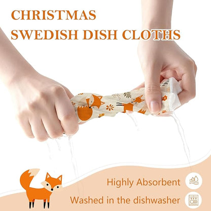 Mixed Fall Animal Swedish Kitchen Dishcloths Dish Towels 6 Pack, Fox Dish Towels for Kitchen, Swedish Dishcloth with Deer, Paper Towels Reusable, Dish Cloth Towel Cleaning Wipe for Home Party