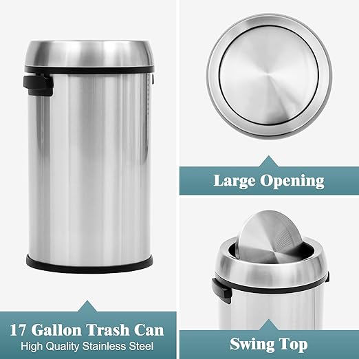 Garvee 65 L/17 gal Swing Top Trash Can, Fingerprint-Proof Stainless Steel Garbage Can, Heavy Duty Commercial Round Trash Bin with Swing Lid for Kitchen, Outdoor, Home, Office, Silver