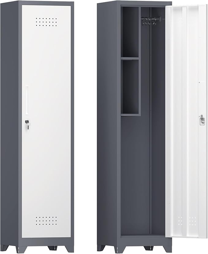 Cabinet,Utility Storage Cabinet with Hanging Rod,Tall Bathroom Storage Cabinets with Locking Door for Office, Gym, Garage,Grey