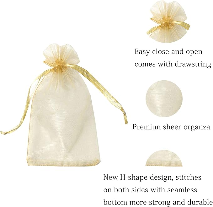 100pcs 5x7 inch Gifts Wrap Bags Gold, Organza Sheer Fabric Bulk, Drawstring Reusable Recycled Pouch for Baby Shower Favor, Craft Business, Beach, Standard Size Elegant Business Card, Cute Little Toy
