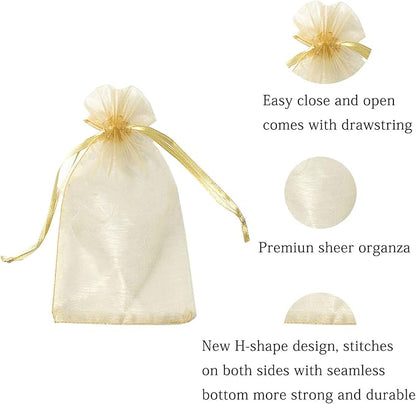 100pcs 5x7 inch Gifts Wrap Bags Gold, Organza Sheer Fabric Bulk, Drawstring Reusable Recycled Pouch for Baby Shower Favor, Craft Business, Beach, Standard Size Elegant Business Card, Cute Little Toy