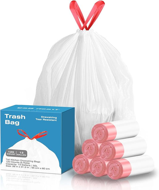 KdbK 13.2 Gallon Tall Kitchen Drawstring Trash Bags, 120 Count Pre-separated Garbage Bags, Unscented, Leak Proof, Waste Bag for Kitchen, Office, Home