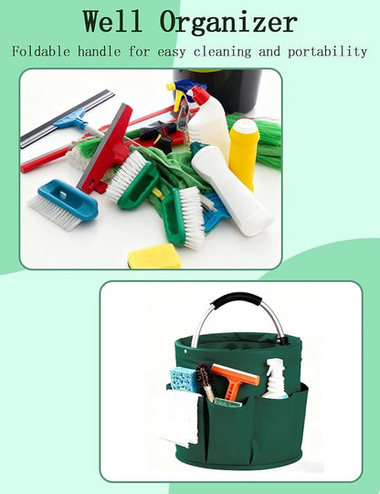 Cleaning Caddy with Handle, Cleaning Products Organiser, Foldable Storage Basket, Large Supply Organiser 17L with 6 Pockets, Portable Cleaning Caddy for Home & Garden (Green)