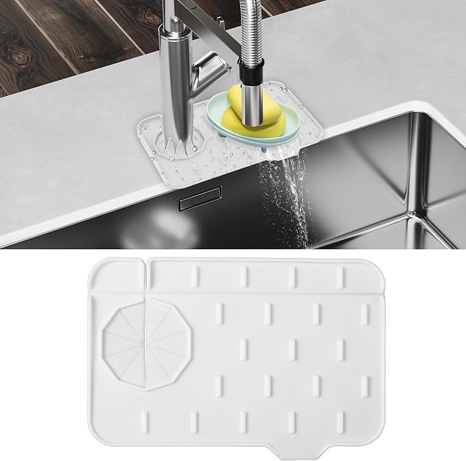 Dimeho Sink Faucet Splash Guard Mat Silicone Soap Dish Pad Small Faucet Handle Drip Catch Sponge Holder Sink Protector Trays for Bathroom Kitchen Countertop Gadgets Accessories 8.3 x 5.7 Inch
