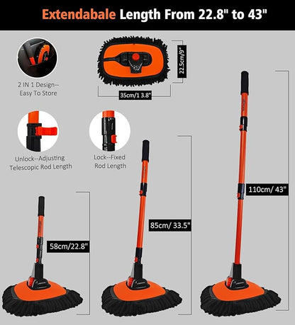 YeewayVeh Car Wash Brush Mop, 15° Curved Pole Car Wash Kit with 3 Chenille Brush Head Covers or RV Truck Camper Cleaning, Orange
