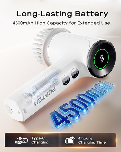 PUFTEM Electric Spin Scrubber for Bathroom Cleaning, Cordless Shower Scrubber with 6 Brush Heads, Dual-Direction Rotation, Handheld Cleaning Brush for Grout, Tile, Tub, Sink & Corners, White