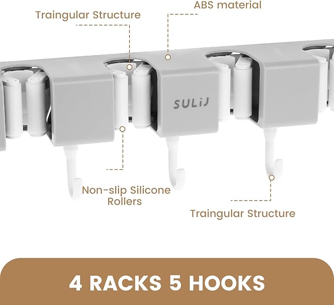 3PCS Broom Holder Wall Mount, No-Drilling Self-Adhesive Mop and Broom Storage Rack (4 Racks with 5 Hooks),Wall-Mounted Broom Hanger for Bathroom, Kitchen, Closet, Garage (Gray)
