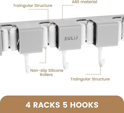 3PCS Broom Holder Wall Mount, No-Drilling Self-Adhesive Mop and Broom Storage Rack (4 Racks with 5 Hooks),Wall-Mounted Broom Hanger for Bathroom, Kitchen, Closet, Garage (Gray)