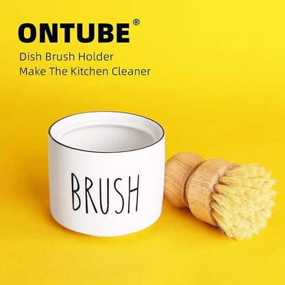 ONTUBE Ceramic Dish Brush Holder, Farmhouse Scrub Brush Holder Dishwashing Brush Stand, Soap Dispensing Kitchen Brushes Holder (White)