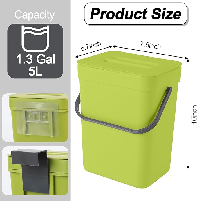 1.3 Gallon/5L Compost bin Kitchen, for use on countertops or Under Sinks, Hanging Trash can with lid, for Cupboard/Bathroom/Bedroom/Office/Camping, Mountable Indoor Compost Bucket(Green)