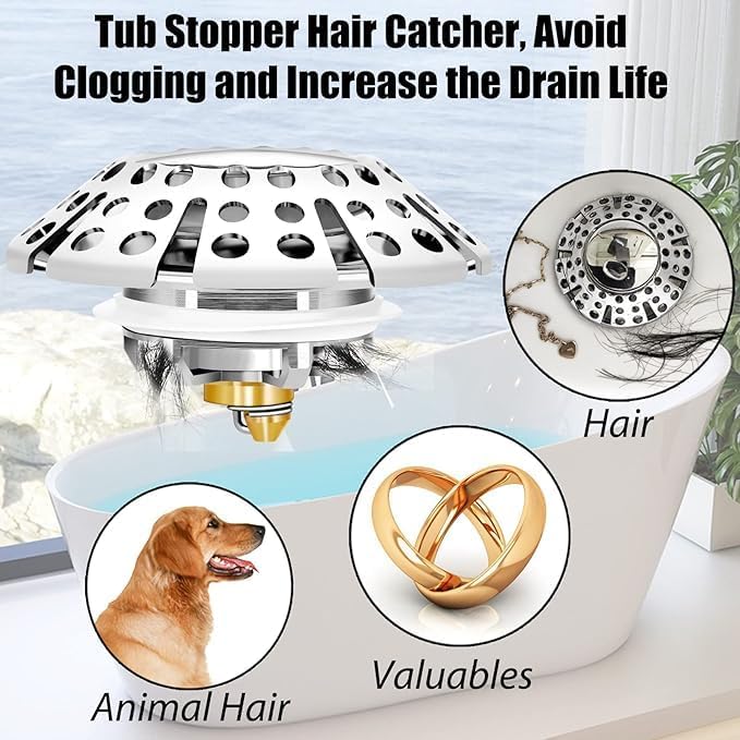 Anlige Bathtub Drain Stopper, Pop Up Tub Stopper with Drain Hair Catcher, Bathtub Plug and Cover with Strainer, Universal for 1.5 to 1.8in Tub Drain Hole