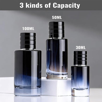 Black Glass Perfume Bottle - Empty Refillable Cologne Sprayer with Fine Mist Atomizer, Portable Travel Spray Container with 3 Dispenser Tools