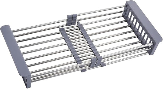Sink Dish Drying Rack, Stainless Steel Drainer for 12.5"-20.5" Sinks, Kitchen Countertop Organizer for Dishes, Vegetables, and Fruits (Grey & Large Size)