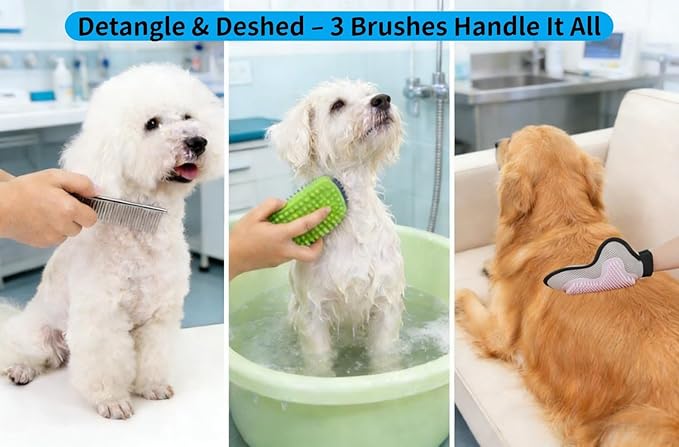 3-Piece Pet Grooming Set: Soft Silicone Shower Wash Curry Bath Brush *1 & Stainless Steel Comb *1 for Dogs/Cats with Short/Long Matted Hair,Deshedding & Knot Removal,Dry & Wet Use Massage Glove*1