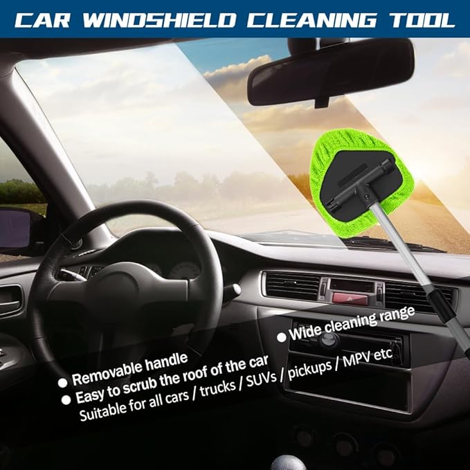 Car Wash Brush with Long Handle, Windshield Cleaning Tool, Car Washing Mop Kit Mitt Sponge Car Cleaning Supplies Kit, Microfiber Towel Gloves Universal for Cars RV SUV Truck Office (Green)