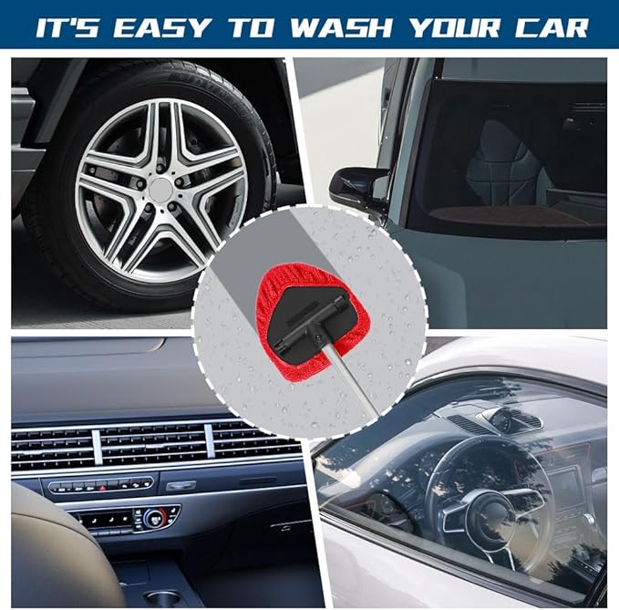 Car Wash Brush with Long Handle, Windshield Cleaning Tool, Car Washing Mop Kit Mitt Sponge Car Cleaning Supplies Kit, Microfiber Towel Gloves Universal for Cars RV SUV Truck Office (Red)