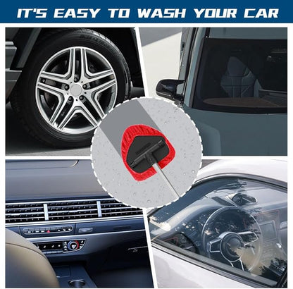 Car Wash Brush with Long Handle, Windshield Cleaning Tool, Car Washing Mop Kit Mitt Sponge Car Cleaning Supplies Kit, Microfiber Towel Gloves Universal for Cars RV SUV Truck Office (Red)