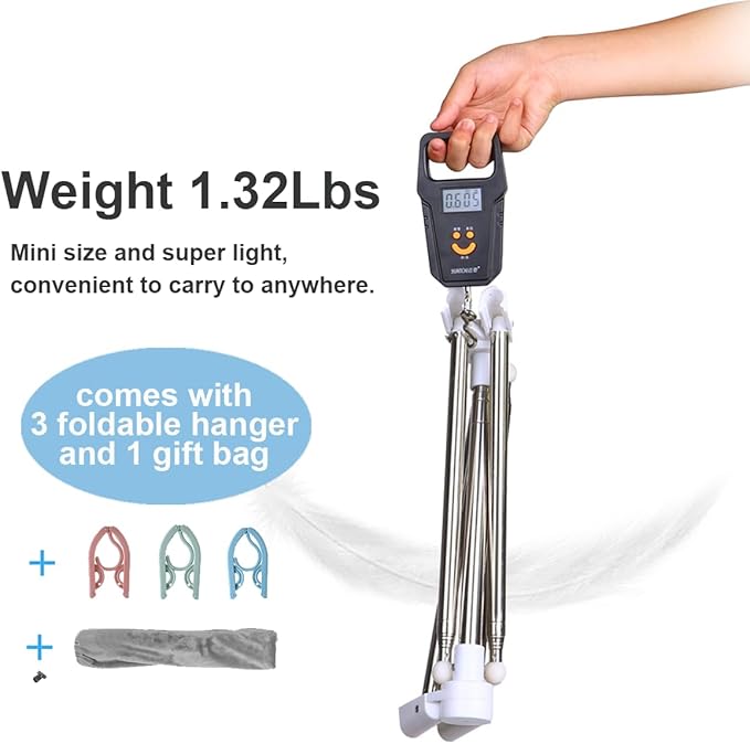 Portable Garment Rack, Folding Clothes Rack, Collapsible Clothing Rack for Dance, Travel, Camping, Laundry, Indoor, Outdoor, Drying, RV, Mini Compact Racks White + 3 Foldable Clothes Hangers