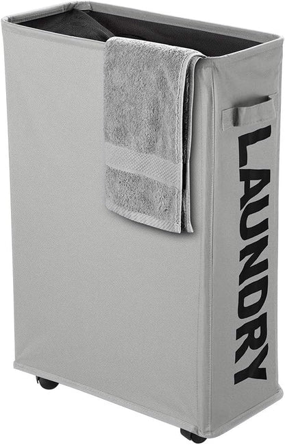 Slim Rolling Laundry Basket with wheel, IHOMAGIC Rectangle Storage Hamper - Thin Laundry Basket Corner Fittable Laundry Bin Flexible Laundry Sorter For Dormitory, Hotel, 39x18.5x58cm 41L, Light Gray