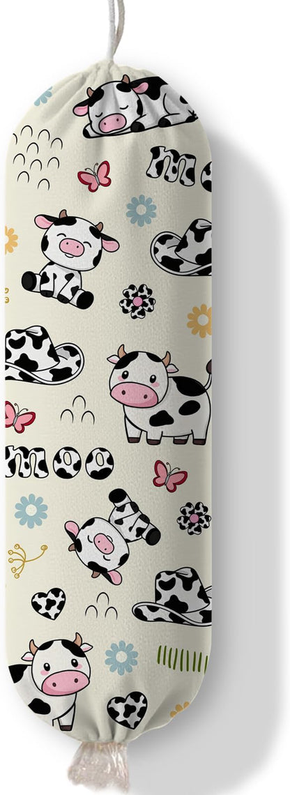 Cow Plastic Bag Holder Dispenser, Plastic Grocery Bag Organizer & Wall Mount Paper Trash Bags Saver Storage for Kitchen Home Pantry Decor, Cute Cow Shopping Bags Storage Dispenser