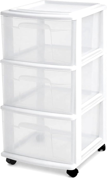 HOMZ Drawer Tower, 3-Tier Rolling Storage Cart with Removable Wheels, White Frame – Plastic Organizer with Clear Bin Drawers for Bedroom, Bathroom, Home Office, and Dorm Room
