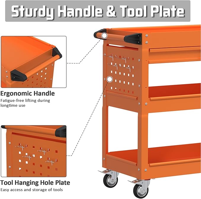 3 Tray Rolling Tool Cart with Drawers, 400 LBS Capacity Mechanic Tool Cart on Wheels, Heavy Duty Utility Cart with Pegboard, Tool Storage Cart for Garage and Repair Shop, Orange