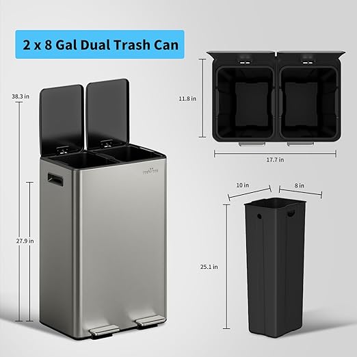 mVm 16(2X8) Gal Dual Trash Can, 2 Compartment Trash Can with Light Lids, Recycling Bin for Kitchen Home Office (Gray)