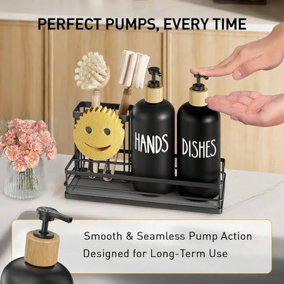 Moforoco Kitchen Dish Soap Dispenser Set, 16OZ Glass Bottle, Hand and Dish Soap Dispenser Set, Instant Dry Tray, Brush Holder with Smiley Face Sponge Holder (Black Tray+Black Bottle)
