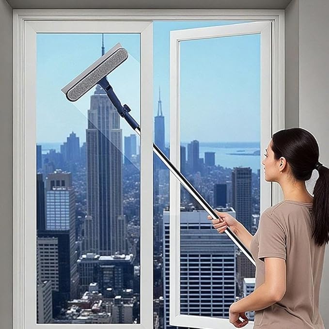 47" Window Squeegee with Extension Pole, 4-in-1 Telescopic Window Cleaner Tool with 2-Stage Telescoping Pole, Extension Washing Tool with Rotatable Clean Head for Indoor/Outdoor High Window Glass