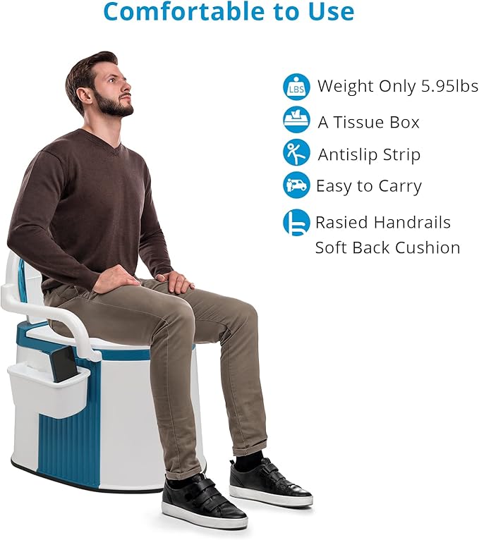 VINGLI Portable Toilet | Back & Handrail Design Commode with 5 Gallon Bucket Inner, Camping RV Toilet for Adult, Kids, Home, Boat, Van, Travel, Plastic, Blue & white