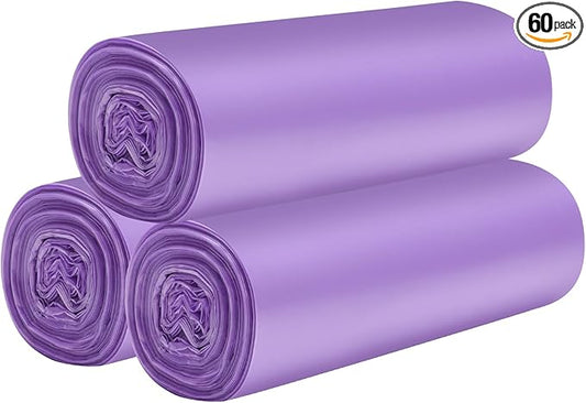 3 Rolls Small Trash Bags - 60 Counts Durable 4 Gallon Small Garbage Bags for home office kitchen Bathroom Bedroom Trash Can liners（Purple）