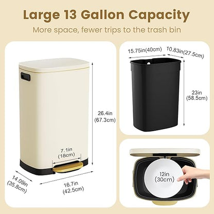 ELPHECO Kitchen Trash Can with Lid Soft Close, 13 Gallon / 50L Stainless Steel Pedal Garbage Can, Heavy-Duty Fingerprint Proof Step Wastebasket with 20 Bags, Removable Bucket, Home Office, Cream Beige