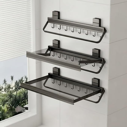 Retractable Wall Mounted Bathroom Clothes Rack with Foldable Towel Bar,6 Movable Hooks and Underwear Drying Net,Space Saving Organizer (Gray)