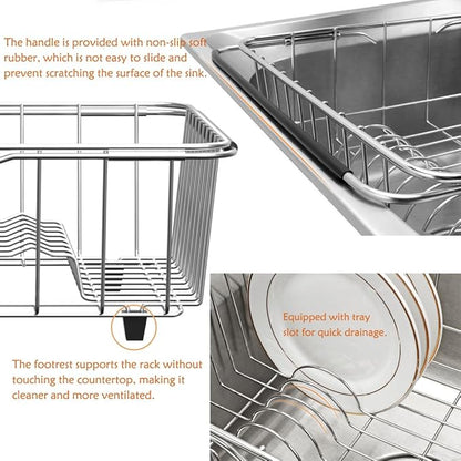 NiuYichee Stainless Steel Dish Drying Rack(15.2"L X 11"W X 5.3"H), Expandable Fruit & Vegetable Drain Rack over Sink, Dish Drainer Rack in Sink, with Stainless Steel Utensil Holder & Silicone Mat(16")